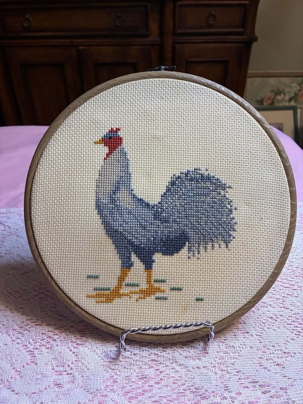 Vintage Handmade Blue Rooster Cross Stitch in Round Hoop Frame